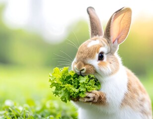 Cute bunny eating greens outdoors