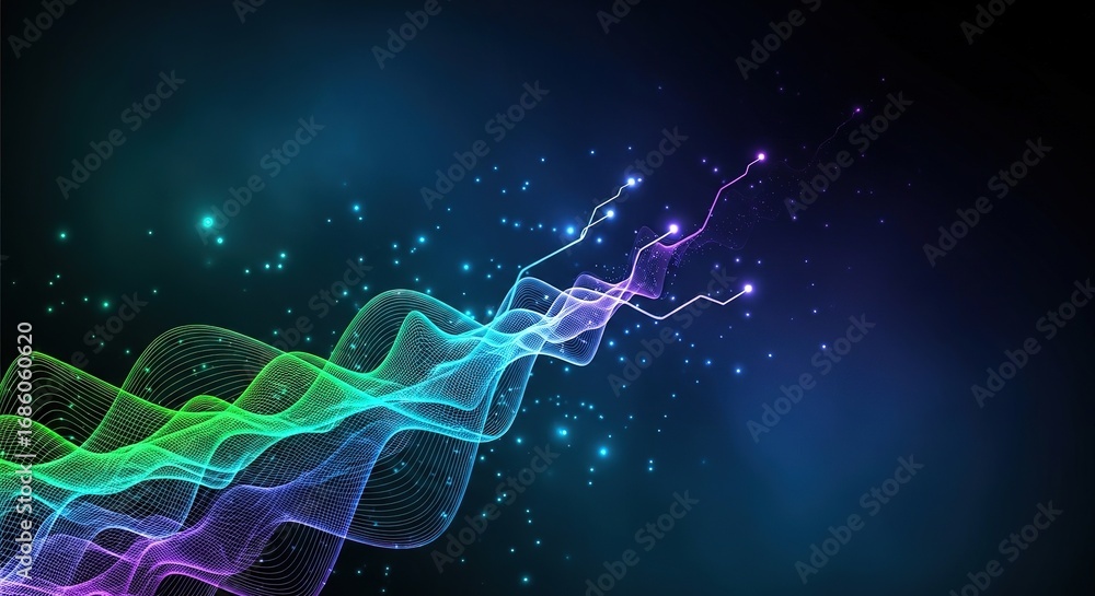 Aufkleber abstract glowing waveforms with sparkles on dark blue gradient b