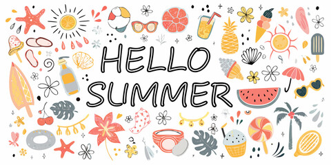 Fototapeta premium Hello summer handwritten text surrounded by a vibrant collection of summer icons and illustrations