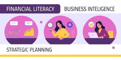 Business professionals analyze financial data and plan strategies for growth and success