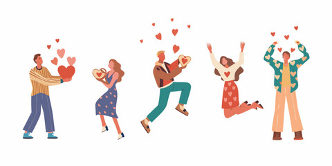 Diverse people celebrating love and romance with hearts on white background