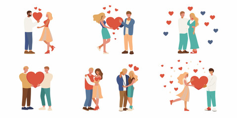 Collection of diverse couples expressing love and affection with hearts and romantic gestures