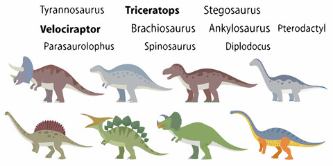 Fototapeta premium Collection of cartoon dinosaurs with their names labeled above each prehistoric creature