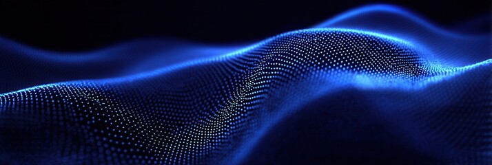 A digital abstract image with blue dotted wave patterns on a dark background, conveying a sense of technology and futurism.
