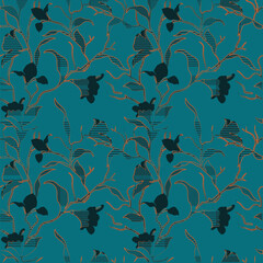 seamless design pattern with flowers and twigs with leaves. Vector illustrator