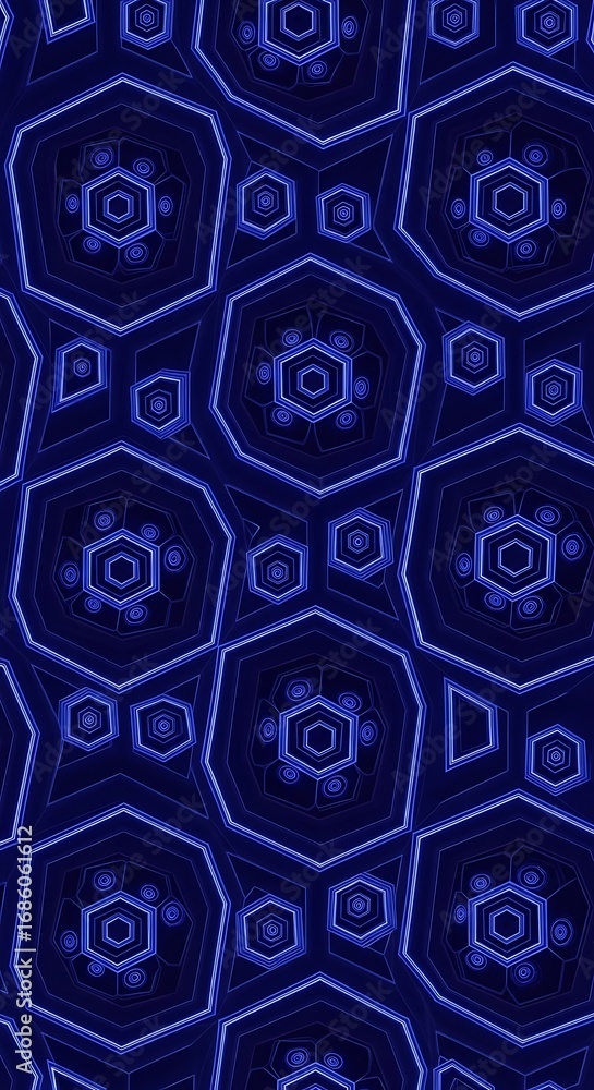 Poster geometric kaleidoscope of interconnected dark blue shapes creating a vibrant and complex texture