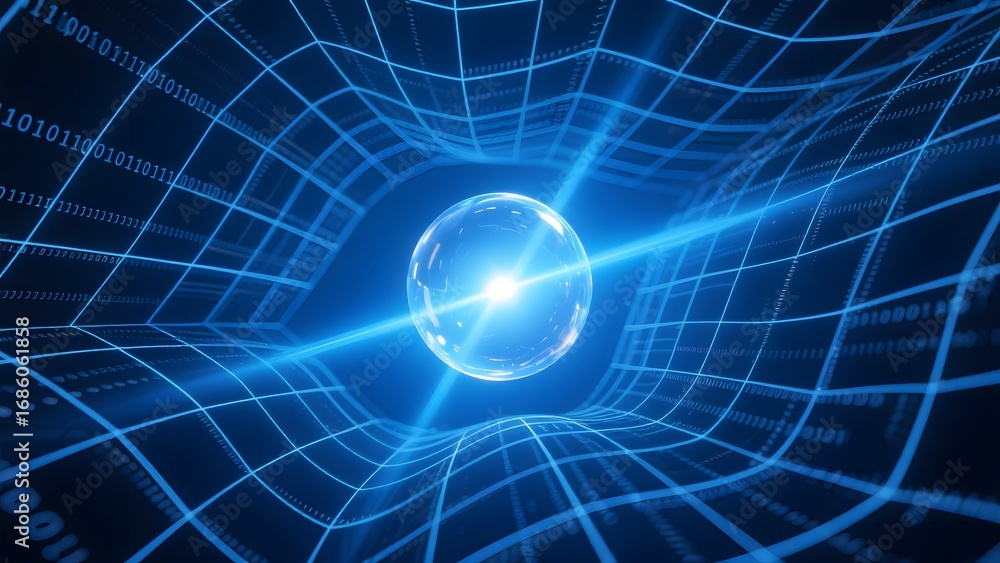 Poster digital tunnel with glowing sphere: futuristic network visualization