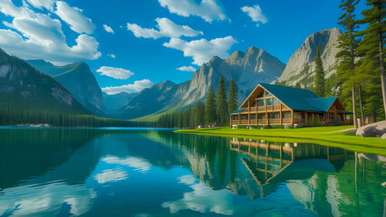 Rustic Lodge by a Tranquil Alpine Lake and Majestic Mountains

