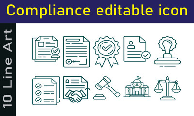 Set of line art icons representing legal compliance and business regulations