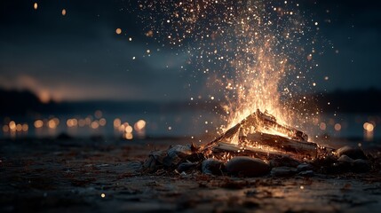 Campfire burning brightly at night with sparks flying upwards
