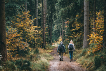 Couple hiking through a colorful forest path in autumn near a peaceful nature trail