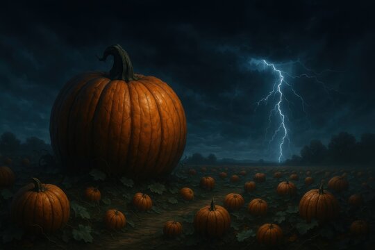 Dramatic pumpkin patch landscape with lightning strikes during a stormy night eerie scene