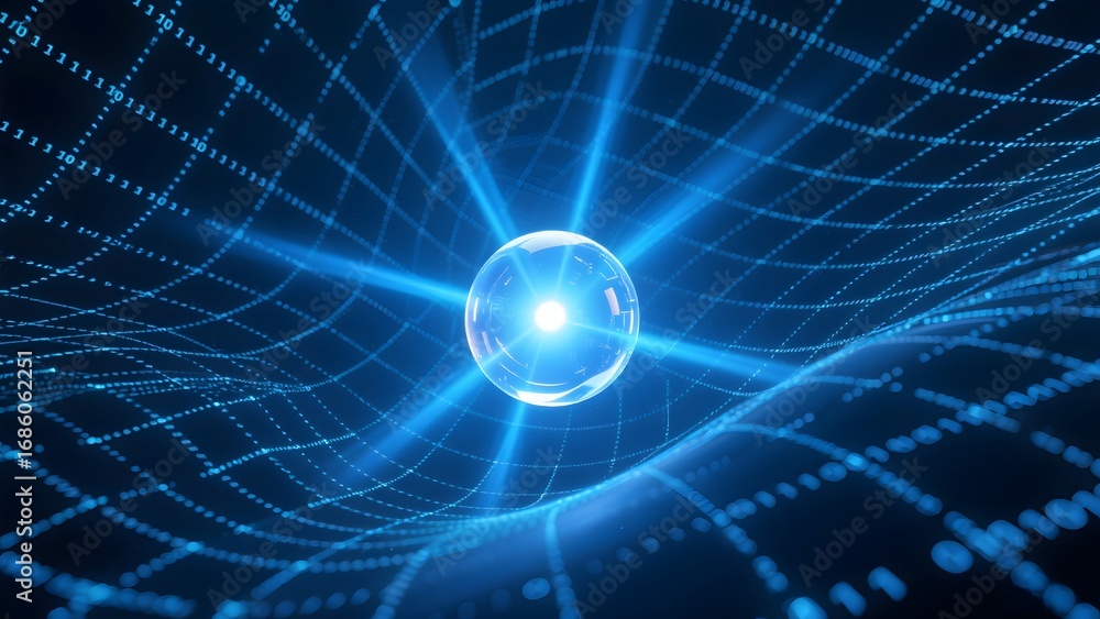 Poster digital grid tunnel with illuminated sphere