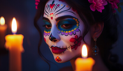 Colorful Dia de los Muertos Makeup with Candles in the Background

