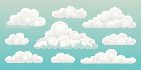 Collection of fluffy white cumulus clouds scattered across a clear blue sky background