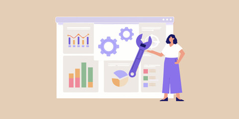 Woman with wrench and gears interacting with a digital dashboard displaying charts and graphs