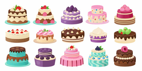 A collection of delicious and colorful celebration cakes with various toppings and decorations