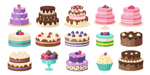 Collection of various colorful and delicious cakes and cupcakes for celebrations and parties