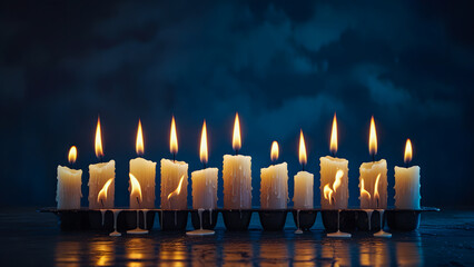 Row of Lit Candles Illuminating Against a Dark Blue Background

