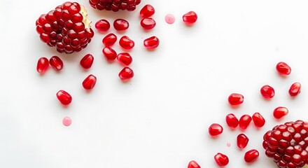 Pomegranate seeds scattered across a pristine white surface create a minimalistic and vibrant still life composition