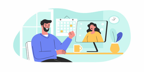 Man and woman having a video call meeting on a computer with a calendar in the background
