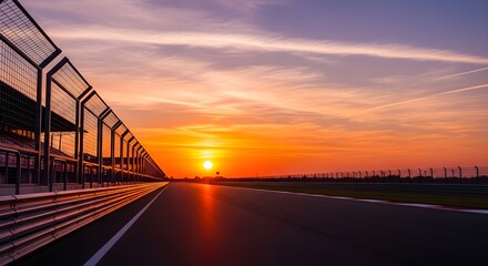 Fototapeta premium Motorsport Circuit Main Straight During a Fiery Sunset.