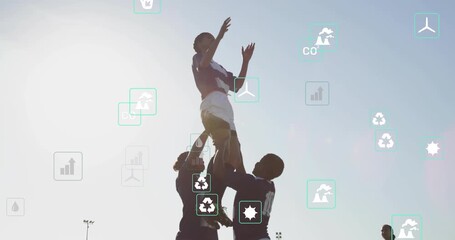 Hooker launching ball enabling lifters lifting jumper rugby lineout securing ball for next play - Powered by Adobe