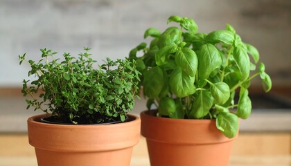 Two potted herbs on a kitchen counter