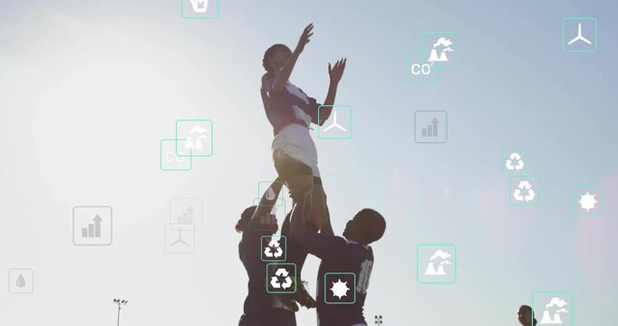 Hooker launching ball enabling lifters lifting jumper rugby lineout securing ball for next play