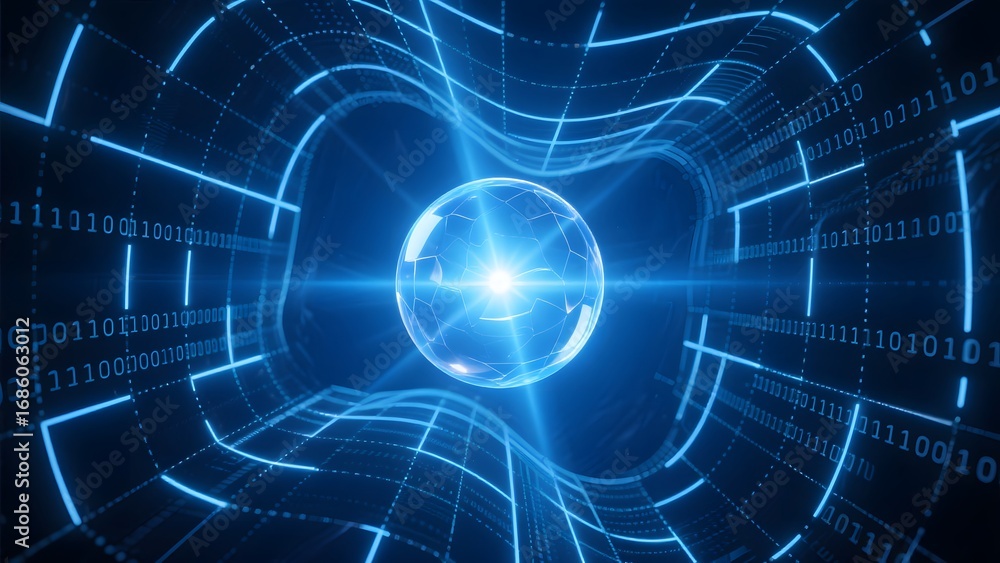 Poster digital data tunnel with binary code and light sphere