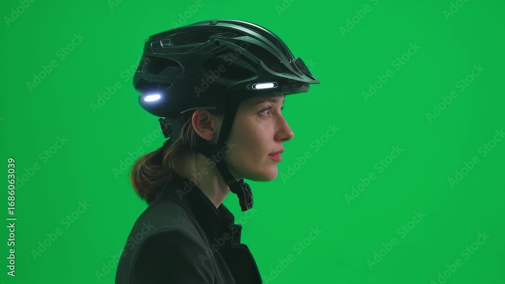 Poster dynamic closeup of smart bicycle helmet with flashing brake light pulsing as cyclist slows isolated 