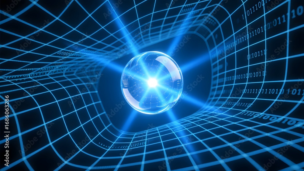 Poster digital tunnel with glowing sphere and binary code