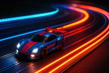 Futuristic race car driving on a neon-lit track showcasing speed and excitement
