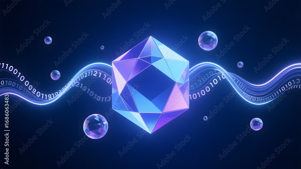 Aufkleber glowing crystal with binary code streams and bubbles in a futuristic setting