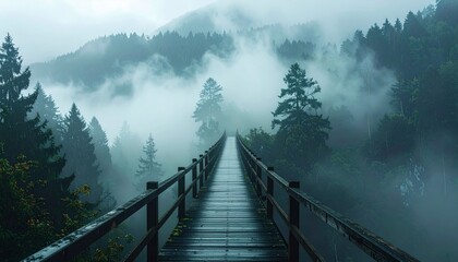 Fototapeta premium Misty Bridge Over Lake Surrounded by Dense Forest and Mountains