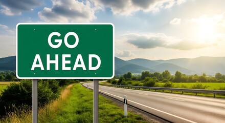 Green road sign with text Go Ahead on highway with scenic mountains and sunlight, symbolizing motivation, progress, future journey, success, opportunity, and positive direction