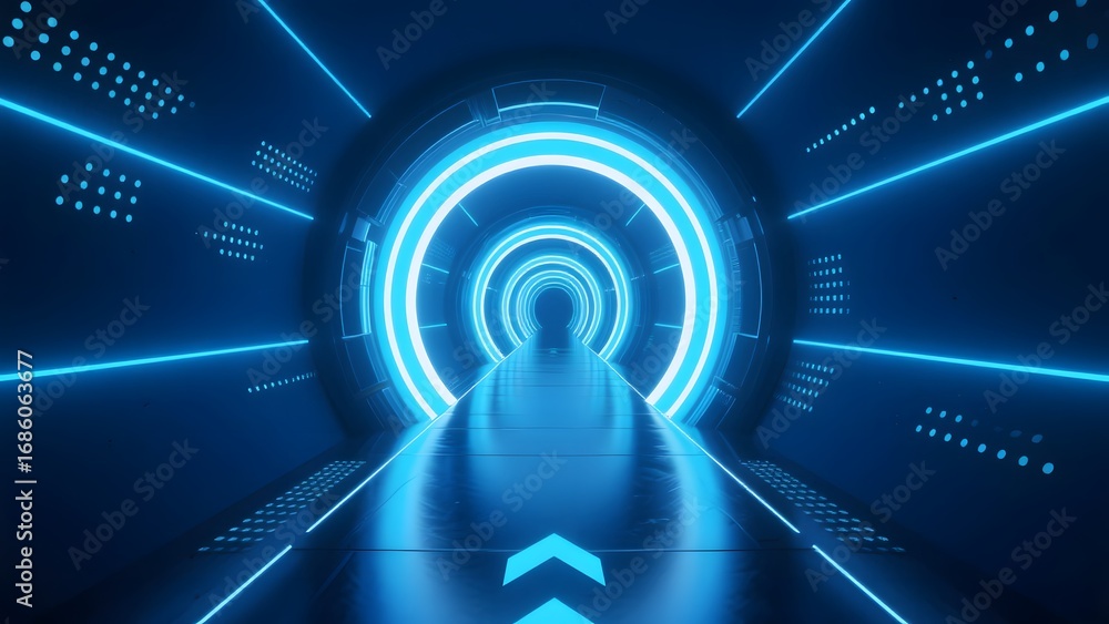 Poster futuristic neon-lit tunnel with circular light patterns