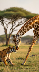Fototapeta premium Wildlife Connection: Giraffe & Tiger Together