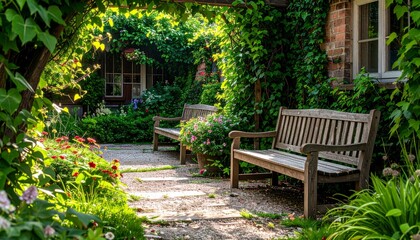 Serene Garden Pathway with Wooden Benches Surrounded by Greenery