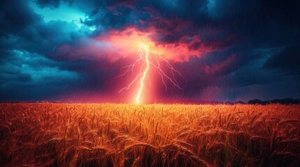 Stormy sky with bright lightning bolt over golden wheat field