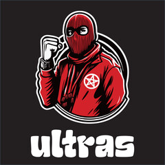 illustration vector graphic of Football fans ultras hooligan with blue white scarf design for logo, t-shirt, etc