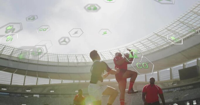 Four red-jersey athletes sprinting catching rugby ball forming maul with floating analytics icons
