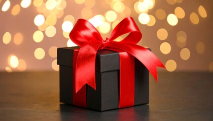 A black gift box with a red ribbon, set against a bokeh background