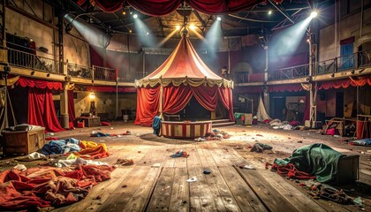 Naklejka premium Abandoned Circus Interior with Tattered Fabrics and Dim Lighting