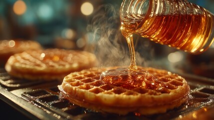 Golden syrup pouring onto fresh waffles on a griddle