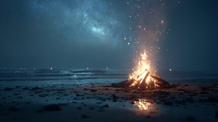 Bonfire on a beach under a starry night sky