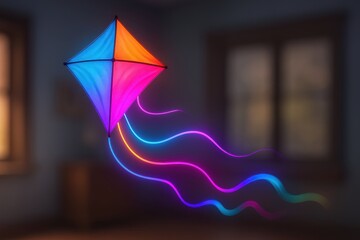 Vibrant kite with neon tails glowing in a blurred indoor setting creating dreamlike scene