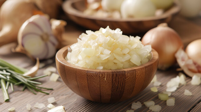 Cebolas picadas em uma tigela de madeira
