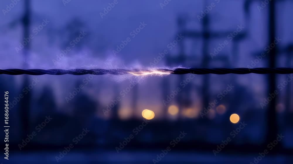 Poster medium shot showing a closeup of corona discharge visualized in ultraviolet light on overhead power 
