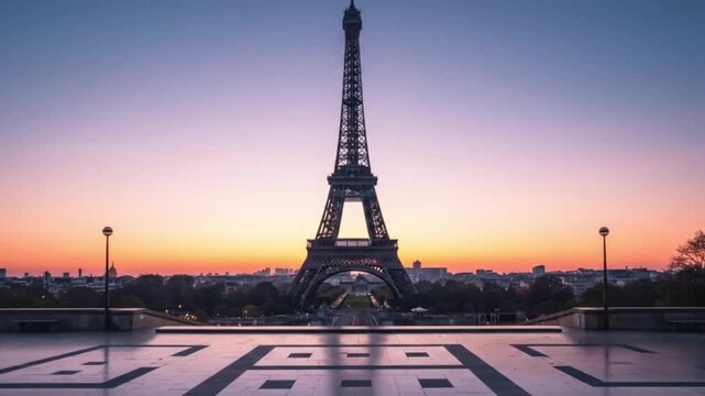 Eiffel Tower at dusk framed by a plaza buildings and a pinkorange sky